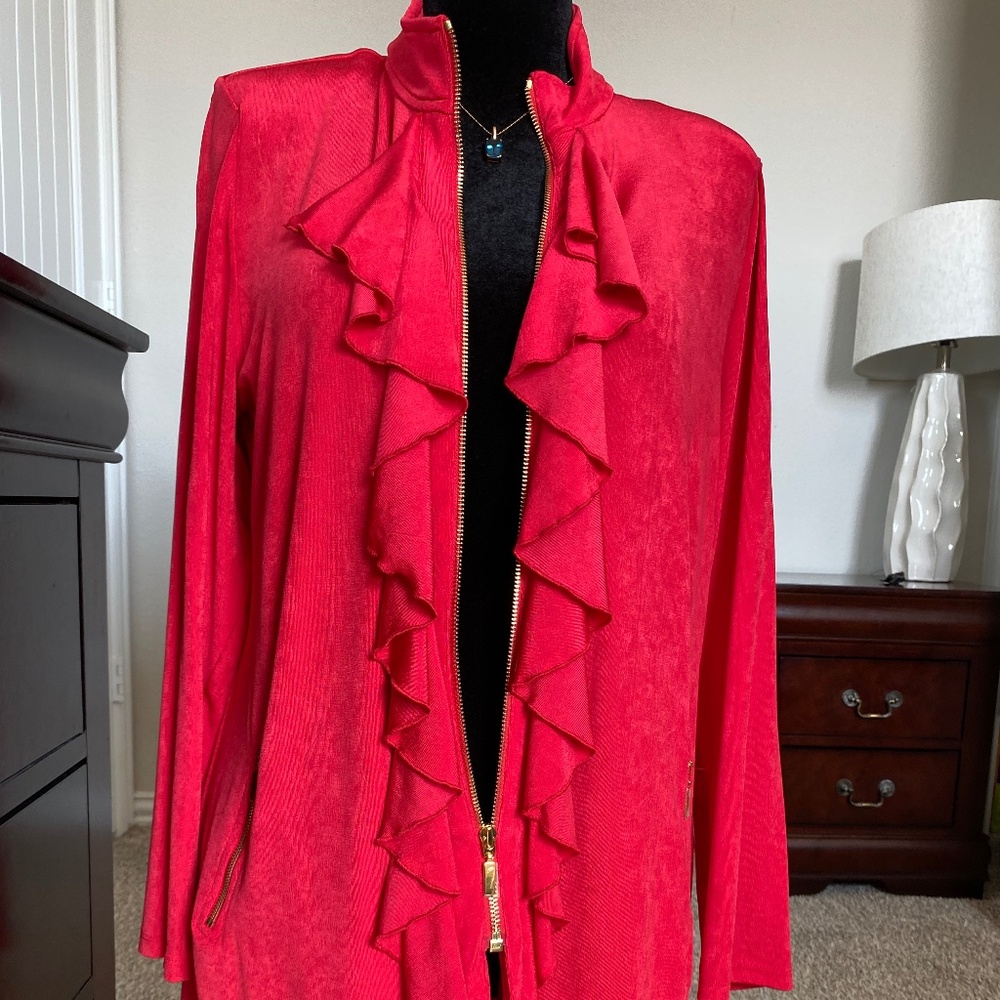 Chico's Traveler's Zip Up Ruffle Top